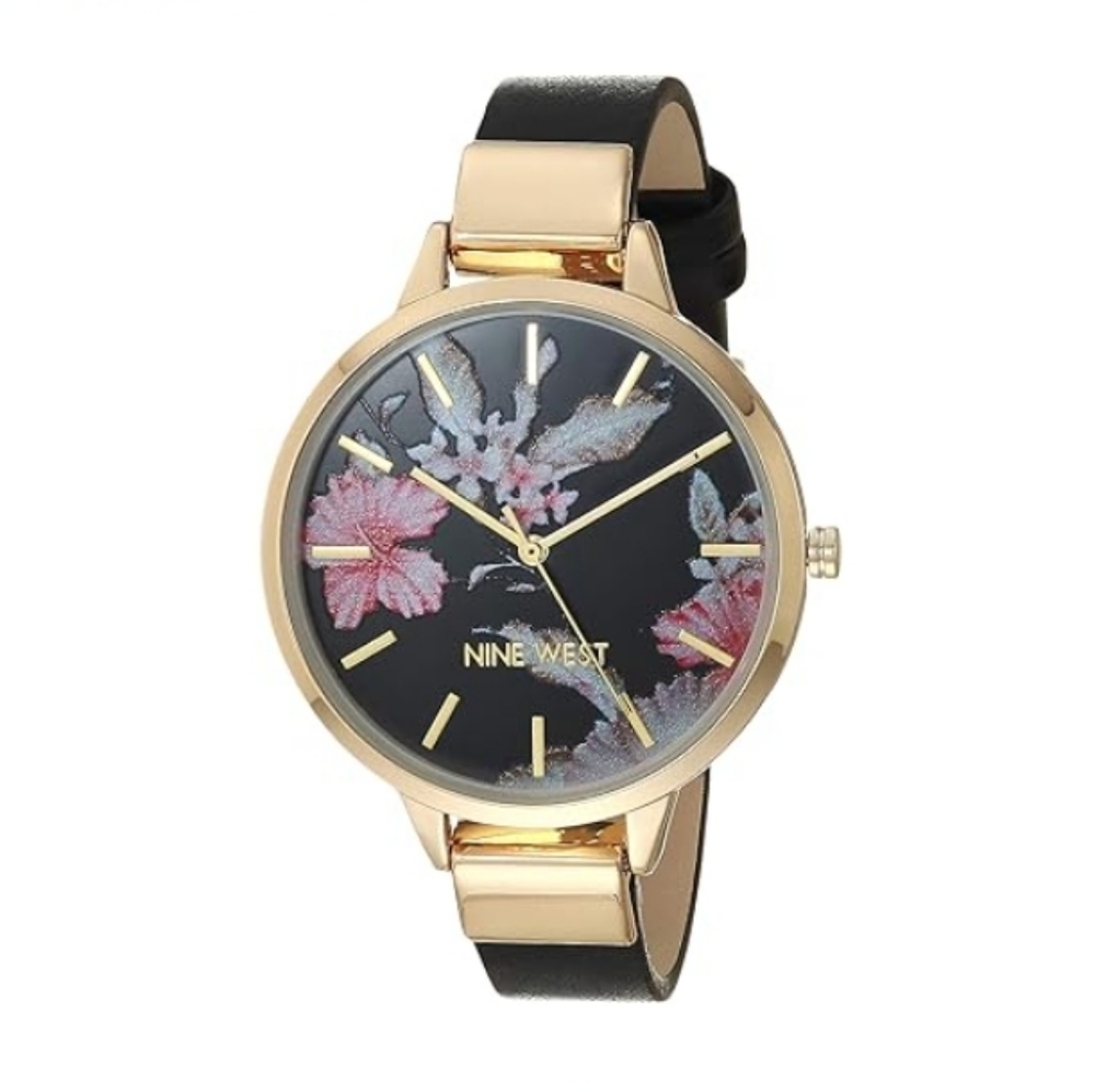 Women's Floral Dial Strap Watch Black Gold